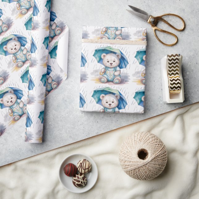 Cute Teddy Bear With Umbrella Boy Baby Shower Presentpapper (Hantverk)