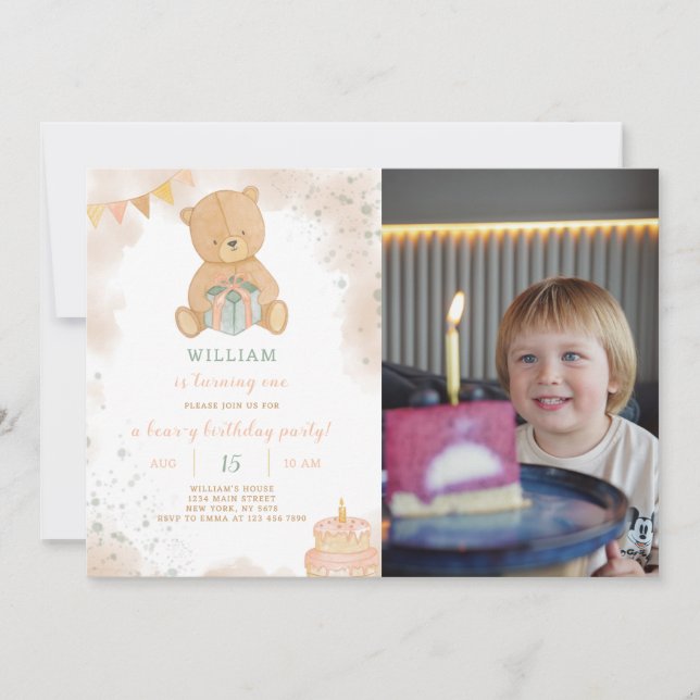 Cute Teddy Birthday bjudande med foto Inbjudningar (Framsida)