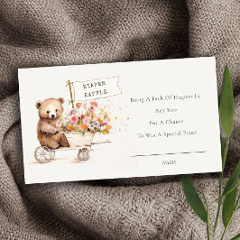 Cute Teddy Blommigt Cart Diaper Raffle Baby Shower Tilläggskort