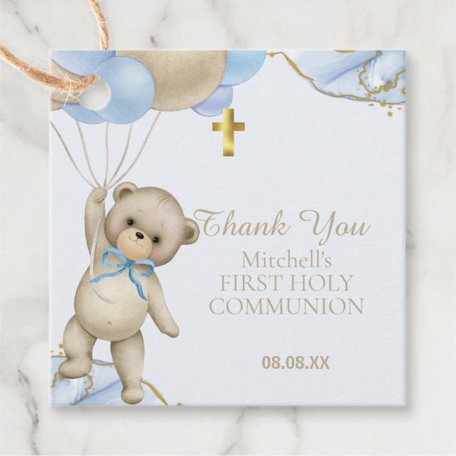 Cute Teddy Blue Balloon Boy First Heliga Communion Gåvor Etiketter (Framsida)