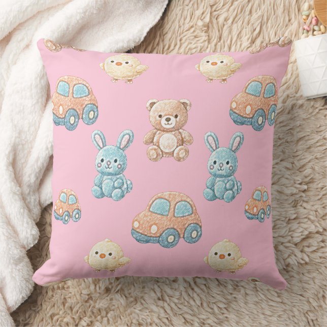 Cute Teddy & Bunny Kids Throw Pillow Kudde (Filt)