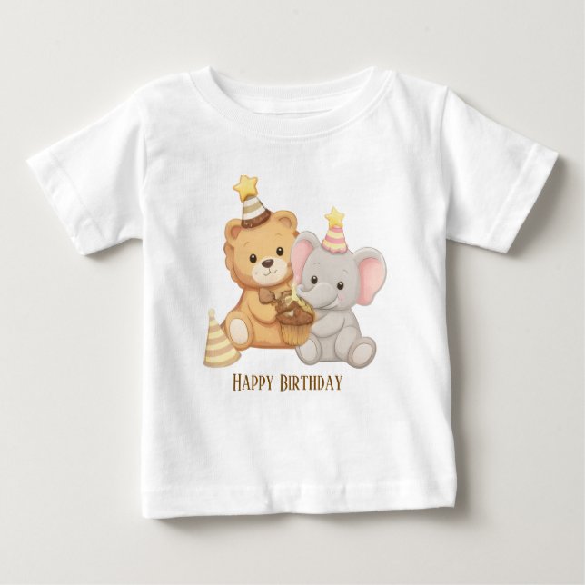 Cute Teddy & Elephant Birthday Toddler T-Shirt (Framsida)