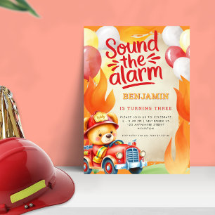 Cute Teddy Fire Lastbil 3:e födelsedagen Red Gult Inbjudningar