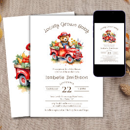 Cute Teddy Locally Grown Baby Shower Red Pickup Inbjudningar