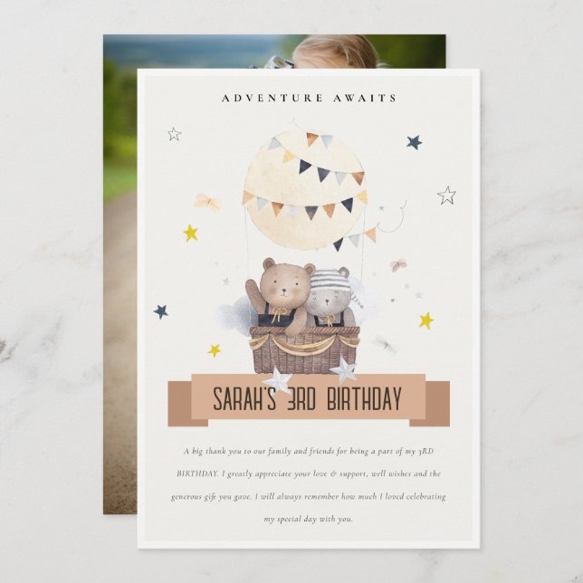 Cute Teddy Luftballong Kids Photo Birthday Tack Kort (Fram/baksida)