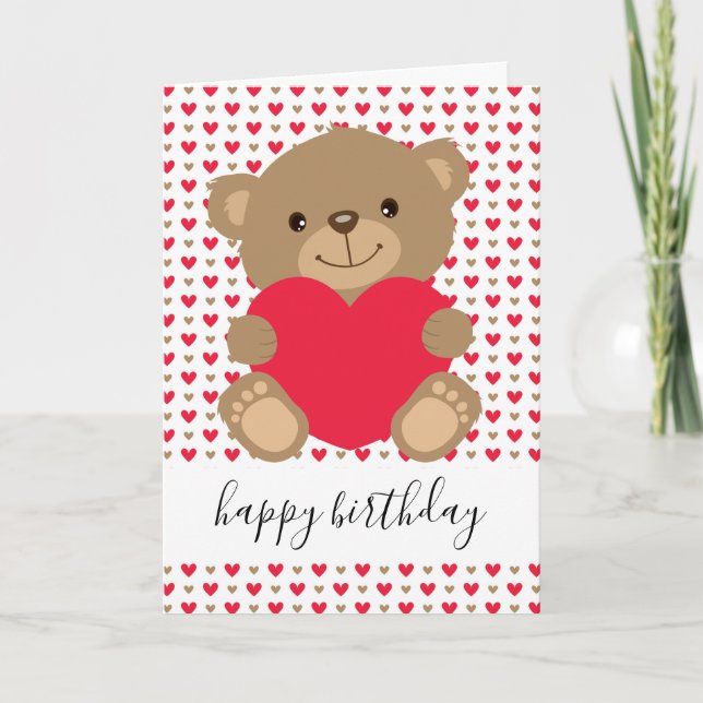 Cute Teddy med Heart Personlig Baby Birthday Kort (Framsida)