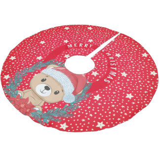 Cute Teddy Red and White Stars God jul Julgransmatta Borstad Polyester