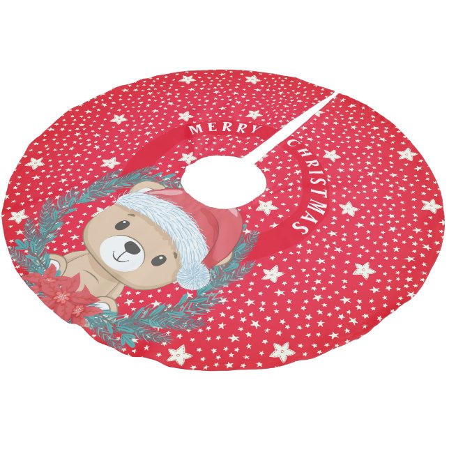 Cute Teddy Red and White Stars God jul Julgransmatta Borstad Polyester (Vinklad)