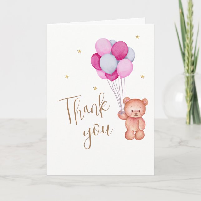 Cute Teddy Rosa Balloon Tack Baby Shower Kort (Framsida)