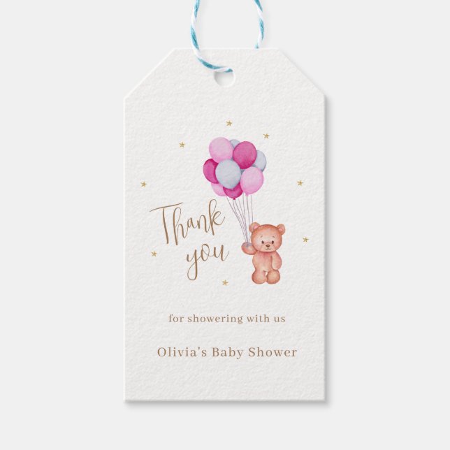 Cute Teddy Rosa Balloon Tack Baby Shower Presentetikett (Framsidan)
