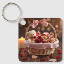 Cute Teddy Rose Basket Romantic Valentine Heart Nyckelring