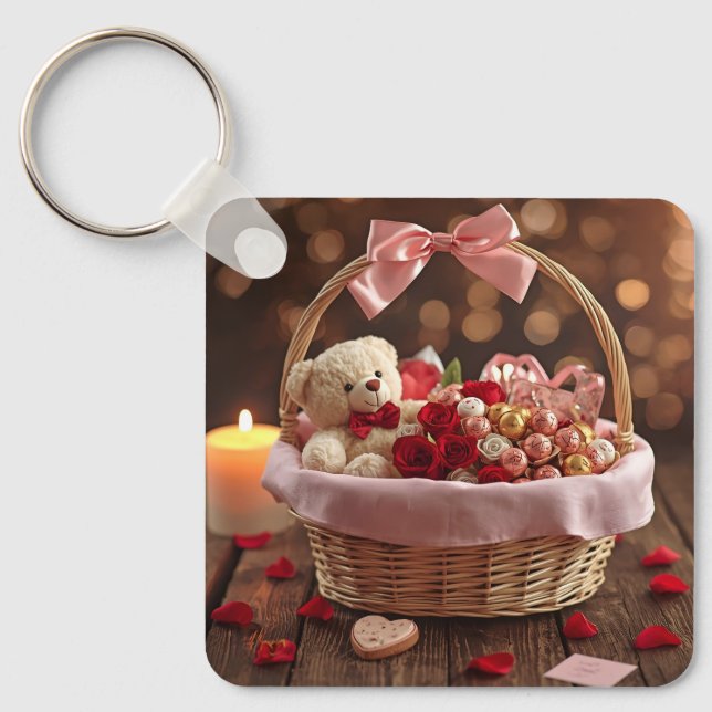 Cute Teddy Rose Basket Romantic Valentine Heart Nyckelring (Framsida)