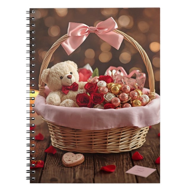 Cute Teddy Rose Basket Valentine Daily Gratitude Anteckningsbok (Framsidan)