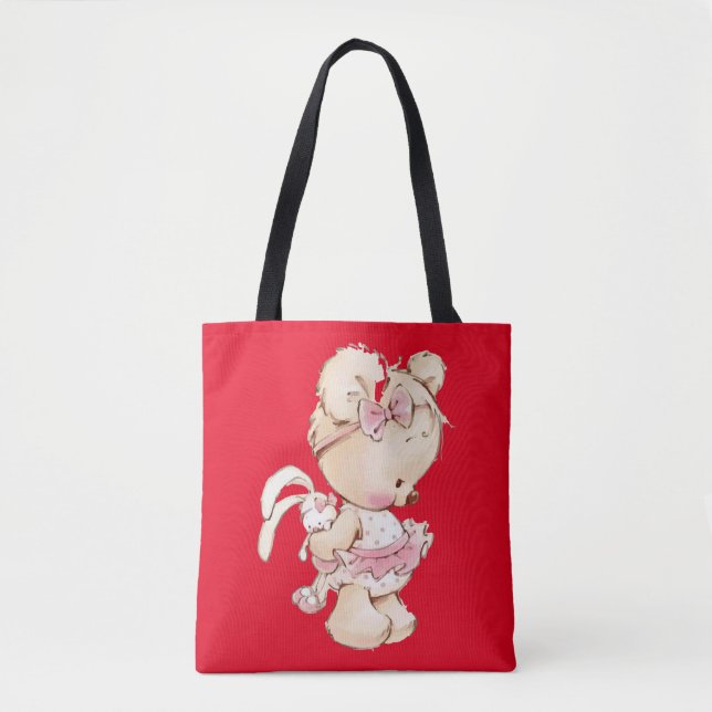Cute tedy-tryckt rött Tote-väska Tygkasse (Framsida)