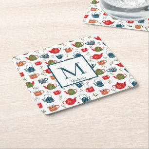 Cute Tekanna Mugg Berries Monogram jul Square Underlägg Papper Kvadrat