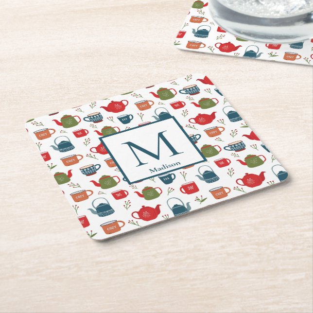 Cute Tekanna Mugg Berries Monogram jul Square Underlägg Papper Kvadrat (Vinklad)