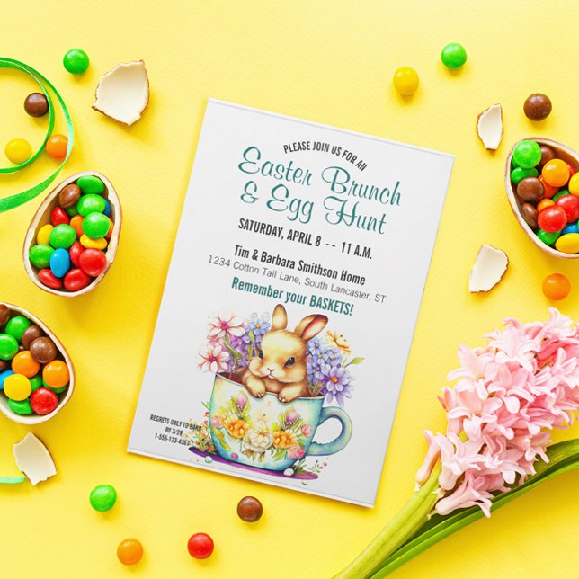 Cute Tekopp Bunny Blommigt Påsk Brunch & Egg Hunt Inbjudningar (Skapare uppladdad)