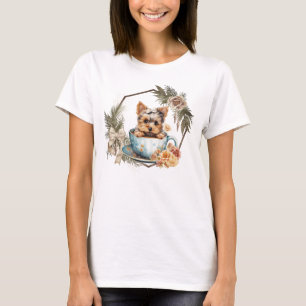 Cute Tekopp Yorkie i Guld Ram och Ro T Shirt