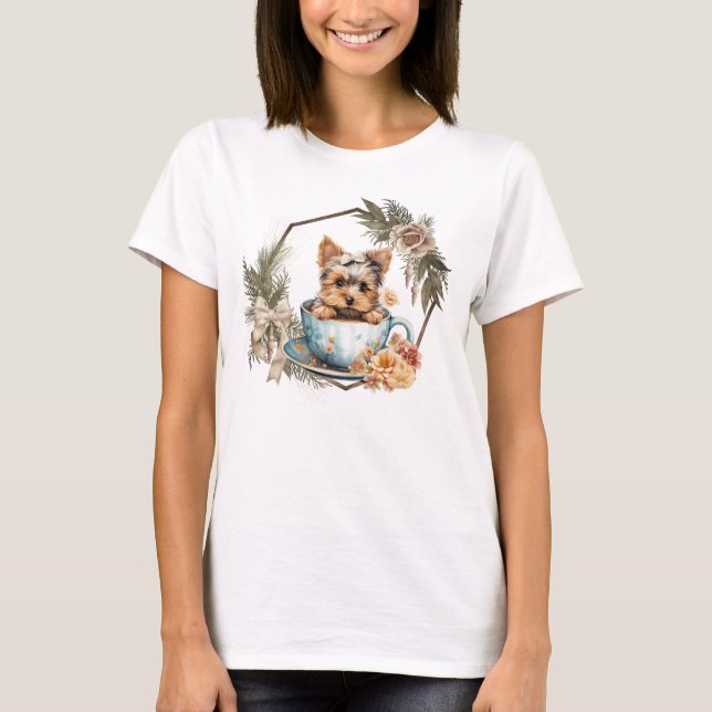 Cute Tekopp Yorkie i Guld Ram och Ro T Shirt (Framsida)