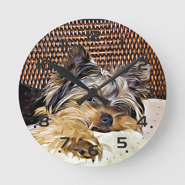 Cute Tekopp Yorkie Yorkshire Terrier Digital Art Rund Klocka (Framsida)