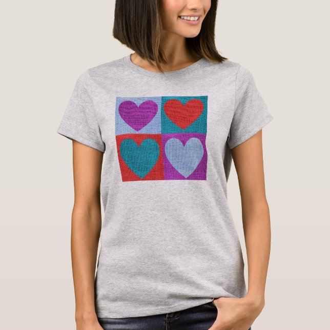 Cute Textile Folk Art Hearts Checked T Shirt (Framsida)