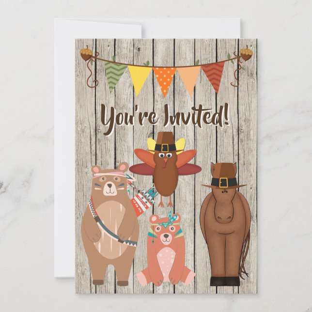 Cute Thanksgiving Animals och Turkiet 1:a födelsed Inbjudningar (Framsida)