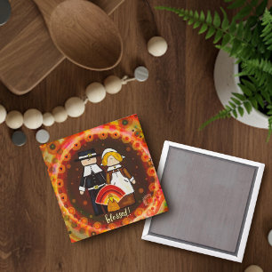 Cute Thanksgiving Blanco Pilgrims Turkiet Roligt Magnet