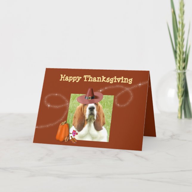 Cute Thanksgiving Card med basset, Pumpkin och Paj Helgkort (Framsida)