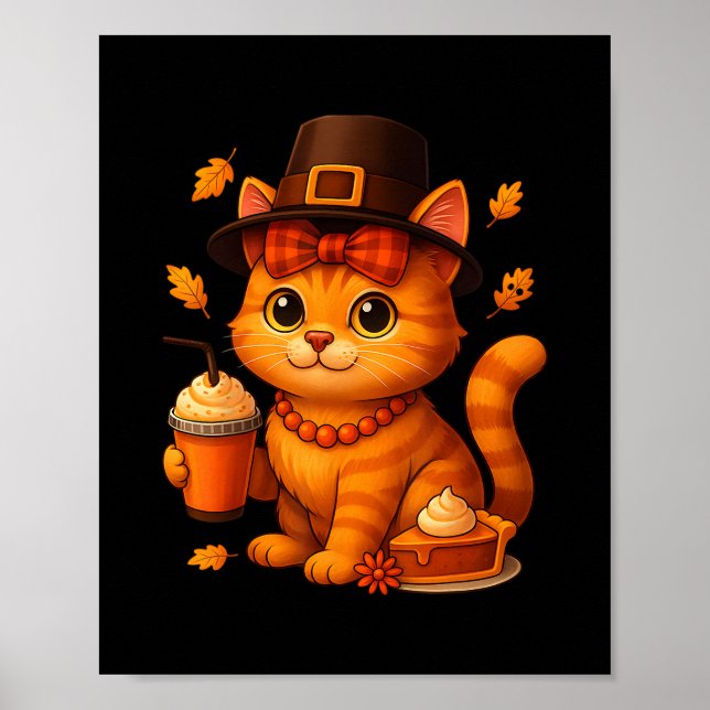 Cute Thanksgiving Cat Fall Pumpkin Pie Latte Autum Poster (Framsidan)
