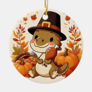 Cute Thanksgiving Dinosaur Julgransprydnad Keramik