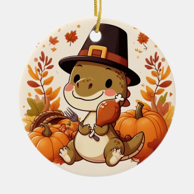 Cute Thanksgiving Dinosaur Julgransprydnad Keramik (Framsidan)