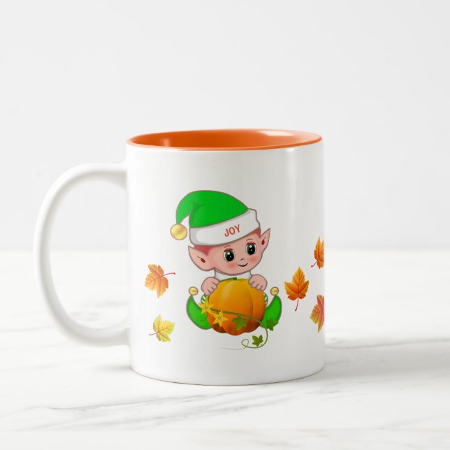Cute Thanksgiving Elf med Pumpkin och Höst löv Två-Tonad Mugg (Vänster)