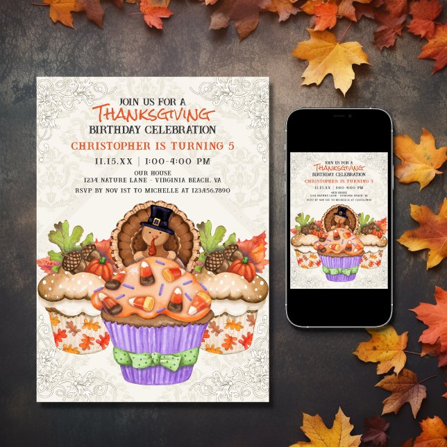 Cute Thanksgiving Muffinss Helgdag Birdag Inbjudningar (Printed and Digital - Cute Thanksgiving Cupcakes Holiday Birthday Invitation)