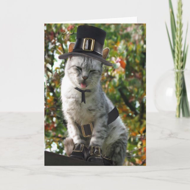 Cute Thanksgiving Pilgrim Cat Helgkort (Framsida)