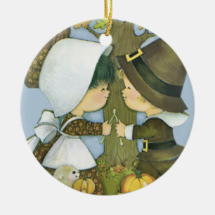 Cute Thanksgiving Pilgrim Önskemål Julgransprydnad Keramik