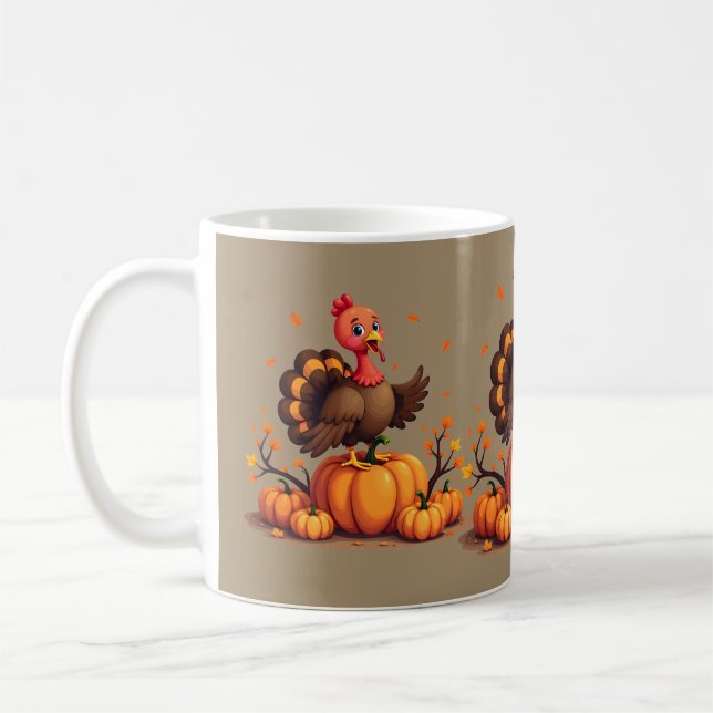 Cute Thanksgiving Turkey Autumn Pumpkins Scene Kaffemugg (Vänster)