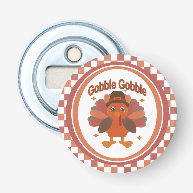 Cute Thanksgiving Turkey Tecknad - "Gobble Gobble" Flasköppnare (Framsidan)