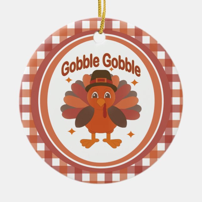 Cute Thanksgiving Turkey Tecknad - "Gobble Gobble" Julgransprydnad Keramik (Framsidan)
