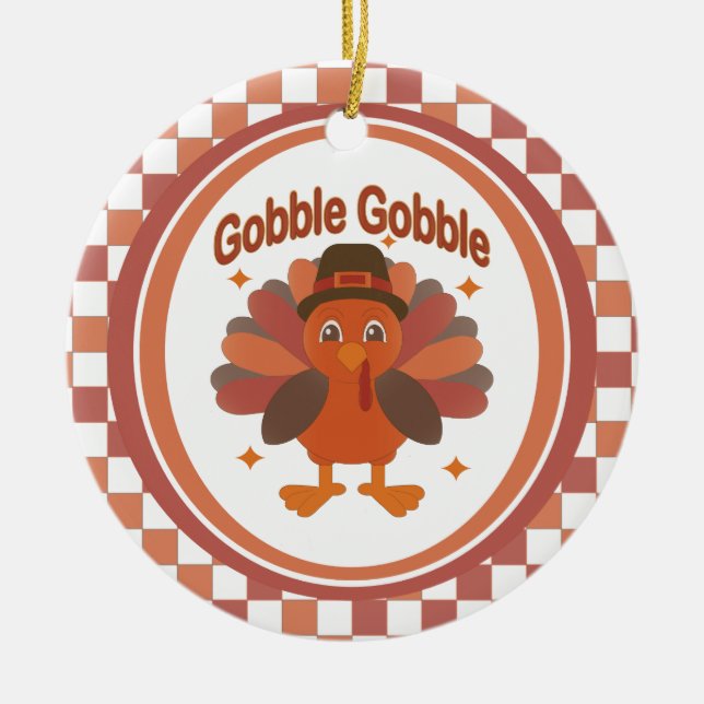 Cute Thanksgiving Turkey Tecknad - "Gobble Gobble" Julgransprydnad Keramik (Framsidan)