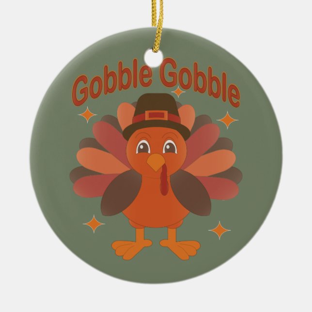 Cute Thanksgiving Turkey Tecknad - "Gobble Gobble" Julgransprydnad Keramik (Framsidan)
