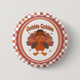 Cute Thanksgiving Turkey Tecknad - "Gobble Gobble" Knapp
