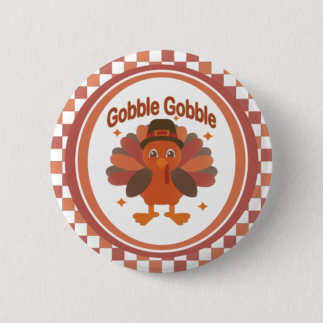 Cute Thanksgiving Turkey Tecknad - "Gobble Gobble" Knapp (Framsida)