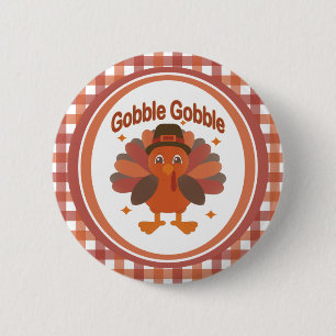 Cute Thanksgiving Turkey Tecknad - "Gobble Gobble" Knapp