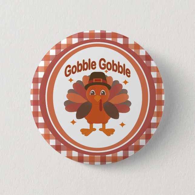 Cute Thanksgiving Turkey Tecknad - "Gobble Gobble" Knapp (Framsida)