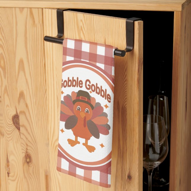 Cute Thanksgiving Turkey Tecknad - "Gobble Gobble" Kökshandduk (Thirds Fold)