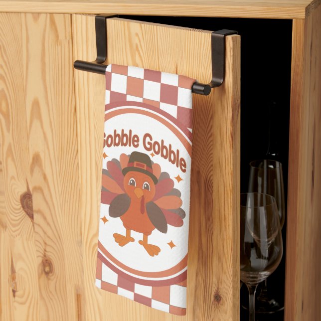Cute Thanksgiving Turkey Tecknad - "Gobble Gobble" Kökshandduk (Thirds Fold)