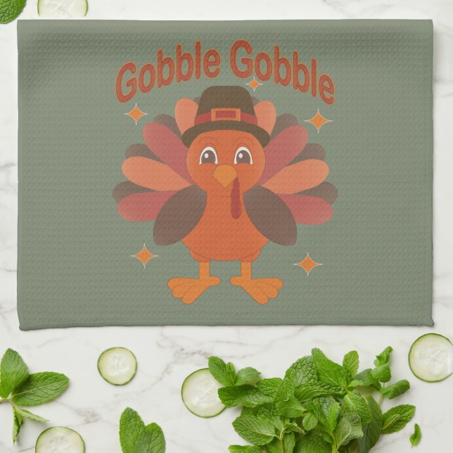 Cute Thanksgiving Turkey Tecknad - "Gobble Gobble" Kökshandduk (Vikta)