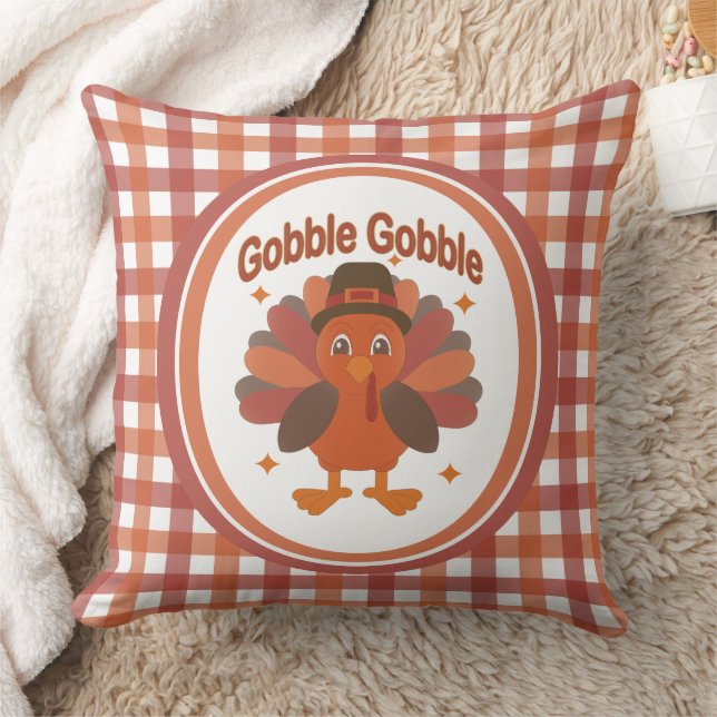 Cute Thanksgiving Turkey Tecknad - "Gobble Gobble" Kudde (Filt)