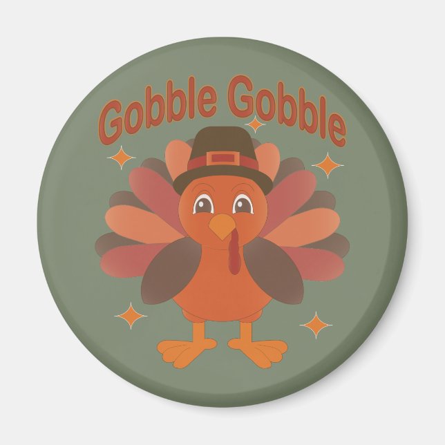 Cute Thanksgiving Turkey Tecknad - "Gobble Gobble" Magnet (Framsidan)