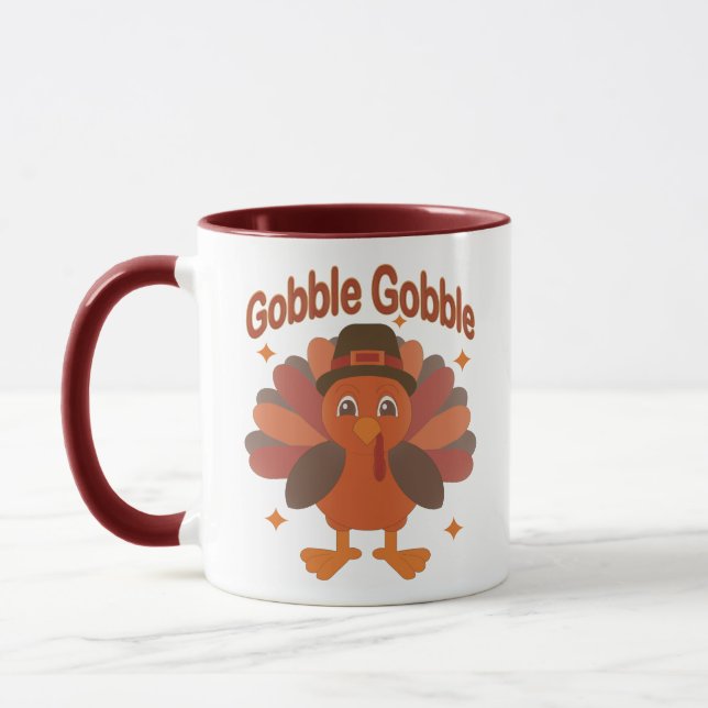 Cute Thanksgiving Turkey Tecknad - "Gobble Gobble" Mugg (Vänster)